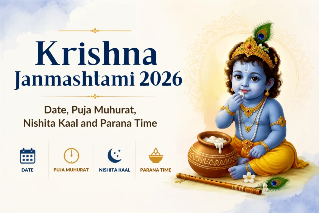 Krishna Janmashtami 2026 Date: Is saal Shri Krishna Janmashtami Friday, September 4, 2026 ko manayi jayegi. However, midnight puja aur Nishita Kaal September 4 ki raat se September 5 ki early morning tak chalega. Isi wajah se kai devotees ke beech confusion hai ki Janmashtami 4 September ko hai ya 5 September ko. Most devotees ke liye September 4, 2026 Janmashtami ki main date hai. Lord Krishna ke janm ka celebration Nishita Kaal, yani midnight ke aas-paas, kiya jayega. Krishna Janmashtami 2026: Date and Time at a Glance EventDate and TimeKrishna Janmashtami DateFriday, September 4, 2026Ashtami Tithi BeginsSeptember 4, 2026, 2:25 AMAshtami Tithi EndsSeptember 5, 2026, 12:13 AMRohini Nakshatra BeginsSeptember 4, 2026, 12:29 AMRohini Nakshatra EndsSeptember 4, 2026, 11:04 PMMain CelebrationSeptember 4, 2026Nishita PujaMidnight between September 4 and 5ParanaGenerally after Nishita Puja, depending on tradition and location Note: Puja timings can vary slightly depending on the city and local Panchang. Is Krishna Janmashtami 2026 on September 4 or September 5? This is one of the biggest questions being searched by devotees this year. The main Krishna Janmashtami date in 2026 is September 4. The confusion about September 5 arises because the most important midnight worship takes place around the transition from September 4 to September 5. According to Panchang timings, the Ashtami Tithi begins early on September 4 and continues until shortly after midnight on September 5. The Nishita Kaal puja, associated with the traditional belief about Lord Krishna's birth at midnight, therefore falls across the night. This means devotees observe the fast and main Janmashtami rituals on September 4, while the midnight Janmotsav and some post-puja rituals continue into September 5. Krishna Janmashtami 2026 Nishita Kaal Puja Muhurat Nishita Kaal is considered the most significant period of Janmashtami worship because Lord Krishna is traditionally believed to have been born around midnight. For 2026, the exact Nishita Puja timing can vary by city. Here are examples of city-wise timings: New Delhi: Approximately 11:57 PM to 12:43 AM Mumbai: Approximately 12:14 AM to 1:01 AM Ahmedabad: Approximately 12:16 AM to 1:02 AM Pune: Approximately 12:10 AM to 12:57 AM Bengaluru: Approximately 11:55 PM to 12:42 AM Chennai: Approximately 11:45 PM to 12:31 AM Kolkata: Approximately 11:13 PM to 11:59 PM Jaipur: Approximately 12:03 AM to 12:49 AM Devotees should check their city's local Panchang before performing the puja because astronomical timings can differ by location. What Is Nishita Kaal and Why Is It Important? Nishita Kaal refers to the period around Hindu midnight. On Janmashtami, this period holds special religious significance because Hindu tradition associates Lord Krishna's birth with midnight. Devotees therefore wait until the Nishita period to perform the main Janmashtami rituals. At midnight, devotees usually: Perform Laddu Gopal's abhishek Offer Panchamrit Decorate the Krishna idol Offer makhan, mishri and sweets Perform aarti Sing bhajans and devotional songs Celebrate Krishna Janmotsav Place Laddu Gopal in a decorated jhula Krishna Janmashtami 2026 Parana Time Parana refers to breaking the Janmashtami fast. The exact Parana practice can differ according to family traditions, sampradayas and regional Panchang rules. In many parts of India, devotees break their Janmashtami fast after completing the Nishita Puja, while others wait until the following morning. According to commonly followed Panchang calculations, devotees may perform Parana after the midnight worship once the prescribed conditions for breaking the fast have been fulfilled. For example, city-specific calculations can differ. Therefore, devotees observing a strict vrat should check their local Panchang or follow the guidance of their family priest or temple tradition. Janmashtami Vrat Parana: When Should You Break the Fast? Many devotees observe a full-day fast on Krishna Janmashtami. The usual sequence is: Begin the vrat according to personal or family tradition. Perform daytime prayers and prepare for the evening celebration. Complete the Nishita Kaal Puja at midnight. Offer bhog to Lord Krishna. Perform aarti and Janmotsav rituals. Break the fast according to the Parana rules followed by your family or tradition. Some devotees take prasad after midnight, while others wait until sunrise on the next day. How to Perform Krishna Janmashtami Puja at Home Janmashtami Puja can be performed at home with simple traditional rituals. Step 1: Clean the Puja Area Clean your home and puja space. Prepare a clean platform for Laddu Gopal or Lord Krishna's idol. Step 2: Decorate Laddu Gopal Dress the idol in clean or festive clothes. You can decorate the puja area with flowers, lights and a small jhula. Step 3: Prepare Panchamrit Panchamrit is traditionally prepared using ingredients such as milk, curd, honey, ghee and sugar or mishri. Step 4: Offer Bhog Common Janmashtami offerings include: Makhan Mishri Milk-based sweets Fruits Laddu Panjiri Dry fruits Step 5: Perform Nishita Puja At the appropriate midnight Muhurat, perform the main puja, abhishek and aarti. Step 6: Celebrate Krishna Janmotsav After the main puja, devotees sing bhajans, ring bells, blow the conch and celebrate Lord Krishna's birth. Krishna Janmashtami 2026 Puja Samagri List Before beginning the puja, devotees can prepare: Lord Krishna or Laddu Gopal idol Clean clothes for the idol Flowers Tulsi leaves Panchamrit ingredients Makhan and Mishri Fruits Sweets Incense sticks Diya Camphor Roli and Chandan Puja bell Jhula for Laddu Gopal Why Is Rohini Nakshatra Important on Janmashtami? Rohini Nakshatra has special importance in Krishna Janmashtami traditions. According to Hindu religious belief, Lord Krishna was born during Rohini Nakshatra. For this reason, the presence and timing of Rohini Nakshatra are considered important while determining Janmashtami observance and puja traditions. In 2026, Rohini Nakshatra is also one of the factors that devotees are considering while checking the correct festival date and puja timing. Will Dahi Handi Be Celebrated on September 4 or 5 in 2026? Dahi Handi celebrations may take place on September 5, 2026, in several regions. The celebration is particularly popular in Maharashtra and other parts of India. It is associated with the childhood stories of Lord Krishna and his love for butter and curd. However, the exact celebration date can vary depending on local customs and organisers. FAQs 1. When is Krishna Janmashtami 2026? Krishna Janmashtami 2026 will be mainly celebrated on Friday, September 4, 2026. 2. Is Janmashtami on September 4 or September 5? The main festival date is September 4, but the midnight Nishita Puja continues into the early hours of September 5. 3. What is the Nishita Kaal Puja time for Janmashtami 2026? The exact Nishita Puja time varies from city to city. In many major Indian cities, it falls around midnight between September 4 and September 5. 4. When does Ashtami Tithi start and end? Ashtami Tithi begins at approximately 2:25 AM on September 4, 2026, and ends at approximately 12:13 AM on September 5, 2026. 5. When should devotees break the Janmashtami fast? Parana traditions differ. Many devotees break the fast after completing the Nishita Puja, while others follow a next-morning Parana according to their family or religious tradition. 6. Why is Janmashtami Puja performed at midnight? Lord Krishna is traditionally believed to have been born at midnight. Therefore, the Nishita Kaal Puja is considered the most important ritual of Janmashtami. Krishna Janmashtami 2026: Final Update Krishna Janmashtami 2026 will be primarily observed on September 4, 2026. The festival's midnight rituals and Nishita Puja will extend into the early hours of September 5, which is the main reason behind the date confusion. For devotees planning the vrat and puja, the most important points are to check the local Nishita Muhurat for their city and follow their family's or temple's tradition for Parana. As Janmashtami approaches, devotees across India will celebrate the birth of Lord Krishna with fasting, bhajans, midnight worship, Laddu Gopal puja and Janmotsav celebrations. Disclaimer: Panchang and Muhurat timings can vary by location, religious tradition and calculation method. Devotees observing a strict vrat should confirm the exact local timing with their regional Panchang or temple.